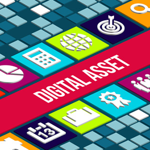 Colorful digital icons surrounding a bold banner labeled Digital Asset.